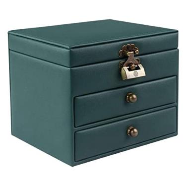 Imagem de Caixa de joias de 3 camadas, porta-joias de couro PU, organizador de joias, caixa de exibição de joias para brinco, anel, colar, pulseira, suporte de joias (B com cadeado)