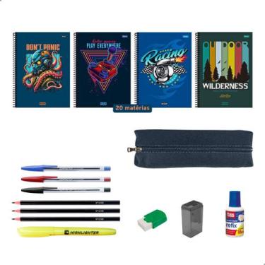 Imagem de Kit Material Escolar Caderno 20 Matérias Estojo + Itens Essenciais - M