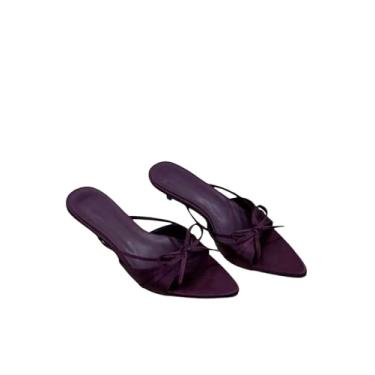 Imagem de MAKEMECHIC Sandálias femininas de couro sintético salto baixo gatinho laço nó bico fino sem cadarço Y2K, Roxa, 36