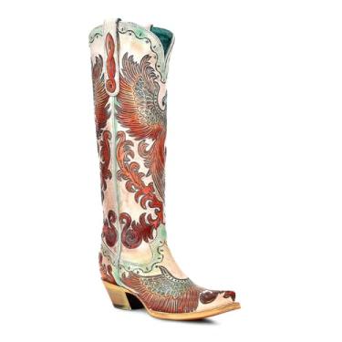 Imagem de Corral Boots Botas femininas brancas feitas à mão | Botas caubói altas com design Fire Phoenix pintado à mão e trabalhado, Branco, 40