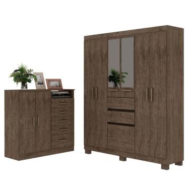 Imagem de Dormitório Casal Completo Roupeiro C/pes E Espelho Cor Rústica Demolição Genialflex