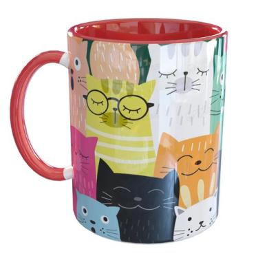 Imagem de Caneca Porcelana Mundo Felino Colorido Gatos - Pense Canecas, Vermelho