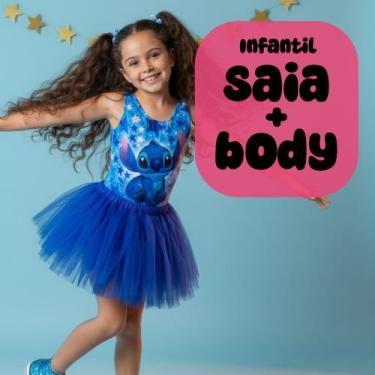 Imagem de Conjunto Body Collant Infantil Estampa Stitch e Saia de Tule Azul Cor: