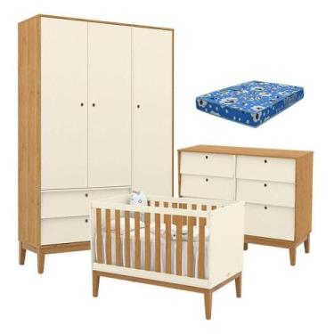 Imagem de Quarto De Bebe Unique 3 Portas Com Cômoda 6 Gavetas Off White Freijó E