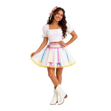 Imagem de Saia Festa Junina Noivinha Branca Infantil com Fitas Coloridas - ABRAK