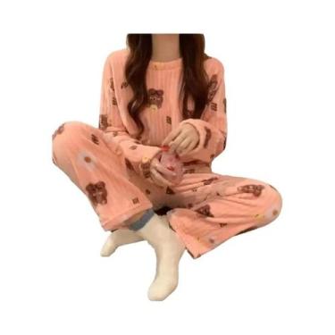 Imagem de Conjunto De Pijamas Femininos Quentes De Flanela Com Manga Longa Em Ve