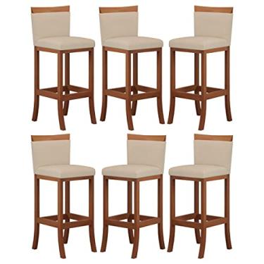 Imagem de Kit 6 Banquetas Alta Encosto Estofado 38x98 Cm Paris Madeira Maciça Castanho Suede Bege - CCS