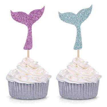 Imagem de 24 peças de glitter cauda de sereia cupcake Toppers infantil temática festa chá de bebê decoração (roxo e azul)