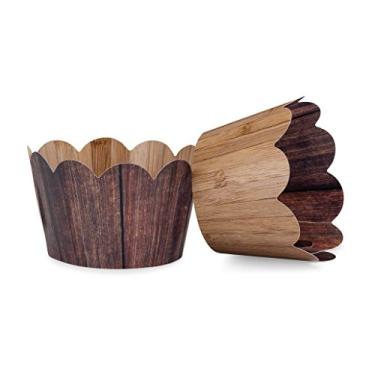 Imagem de Embalagem para cupcake Woodgrain para casamentos rústicos, festas de aniversário de vaqueira ocidental/vaqueira, lenhador, floresta, chás de bebê ou nupcial. Conjunto de 24 envoltórios reversíveis para bolo. Marrom