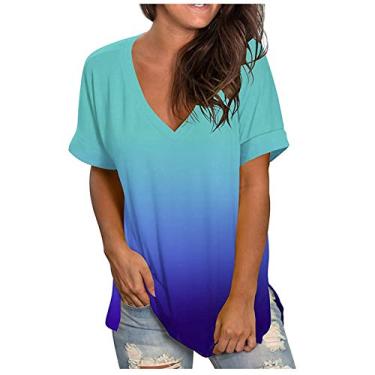 Imagem de Camiseta feminina casual com decote em V e manga curta solta para o verão, plus size, túnica, camiseta, Azul, G