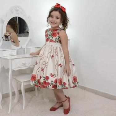 Imagem de Vestido Infantil Floral Bege Off Com Rosas Vermelhas - Moderna Meninas