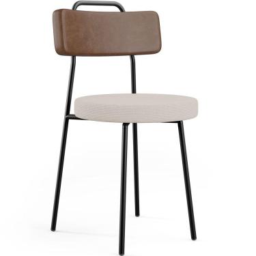 Imagem de Cadeira Decorativa Estofada Para Sala De Jantar Barcelona L02 Couríssimo Marrom Linho Bege - Lyam