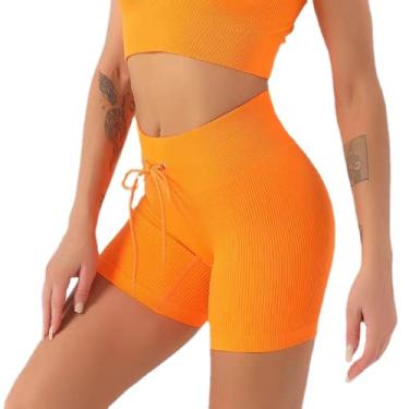 Imagem de RIDENEEY Shorts feminino cintura alta sem costura leggings shorts fitness yoga curto scrunch esportes yoga shorts spandex calças curtas (laranja, GG)