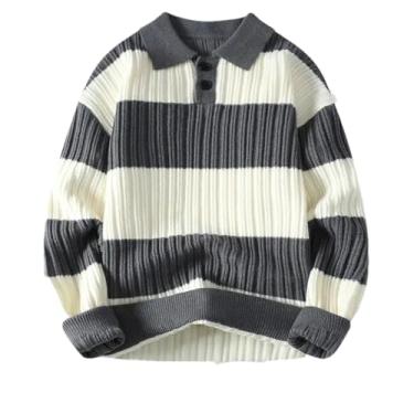 Imagem de KANG POWER Suéteres masculinos de malha stretch designer patchworked pulôver de lã macio suéter malha roupas, 8065 Cinza 9, G