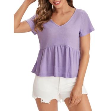 Imagem de Milumia Camiseta feminina com bainha de babados peplum manga curta gola V camisetas verão tops, Roxo violeta, M
