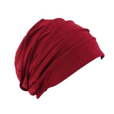 Imagem de Eforcase Gorros de turbante elástico feminino boné hijab boné de dormir turbante chapéus muçulmanos headwrap boné gorros headwear under cap, Vermelho arroxeado, M