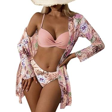 Imagem de Biquínis femininos de cintura alta 2024 sexy conjunto de biquíni 3 peças saída de praia para mulheres com estampa floral frente única, E, P