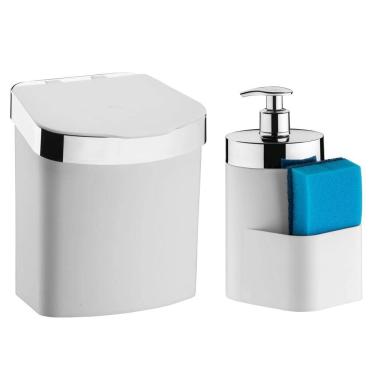 Imagem de Kit Lixeira 2,5L Dispenser Porta Detergente Líquido Esponja Para Pia Cozinha Branco Cromado - Future