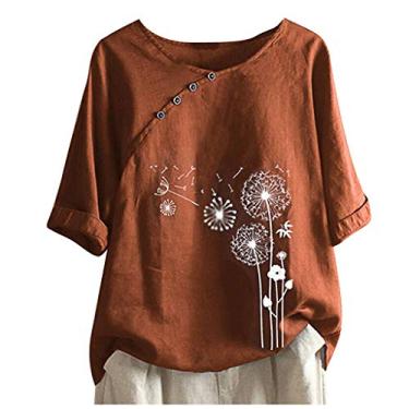 Imagem de Camiseta feminina de verão de algodão e linho casual floral manga curta leve gola redonda camiseta plus size, Ofertas relâmpago vermelho, GG