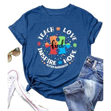 Imagem de Camisetas femininas Autism Awareness Teacher Be Kind Teach Hope Love Inspire Graphic Tops, Azul, G