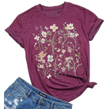 Imagem de Camiseta feminina vintage floral casual boho estampa floral girassol flores silvestres camisetas para meninas, Z-a-vinho vermelho, M