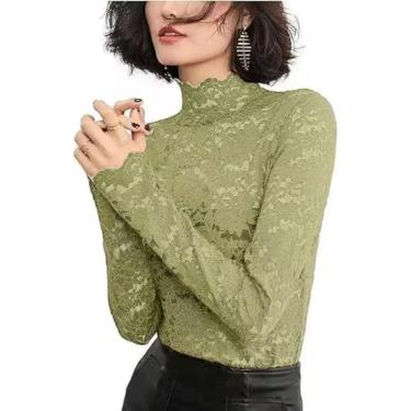 Imagem de zebemay Blusa feminina de renda floral, manga comprida, malha transparente P-G, Verde, M