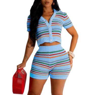 Imagem de jeecoin Conjunto feminino de 2 peças de crochê, manga curta, suéter de malha com botões, conjunto de camisa e shorts, roupas de férias na praia, Azul, X-Large