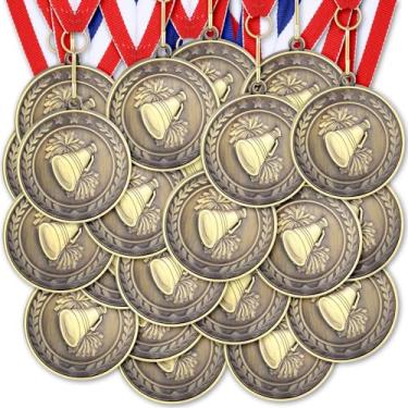 Imagem de Loetere 60 medalhas de prêmio com fitas de pescoço Troféus esportivos de bronze para crianças Medalhas de torcida de pista de 5 cm para suprimentos de festa esportiva participação em jogos escolares,