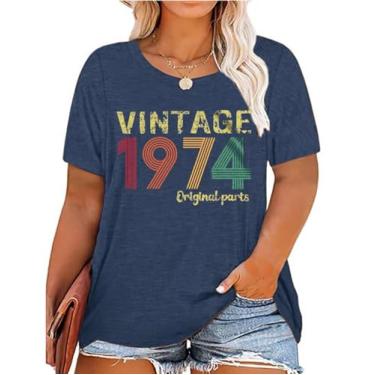 Imagem de Wudlads Camiseta feminina plus size vintage 1974 Original Parts, presente de aniversário de 50 anos, retrô, casual, de manga curta, Azul, GG