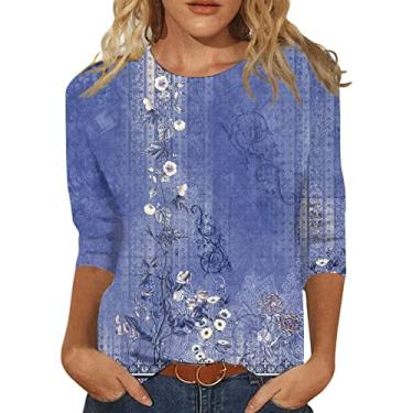 Imagem de Camisetas femininas com estampa floral 2024 de manga 3/4, folgada, casual, elegante, macia, colorida, Ofertas relâmpago roxo, M