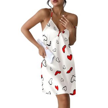 Imagem de Ekouaer Camisola feminina de cetim, roupa de dormir, vestido de lingerie, vestido de seda, mini camisola slip S-XXL, Estampa de amor, branco, M
