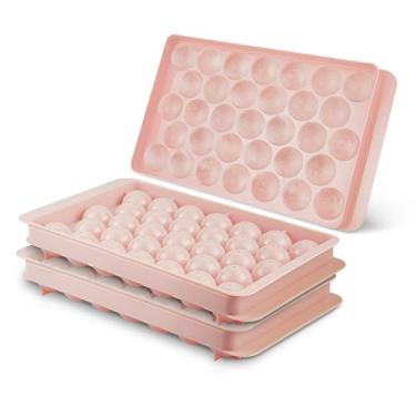 Imagem de Pacote com 2 bandejas de gelo para freezer, molde de bola de gelo, mini círculo, forma redonda de cubo de gelo com tampa, 3 cm x 66 peças para coquetel, uísque, chá, café