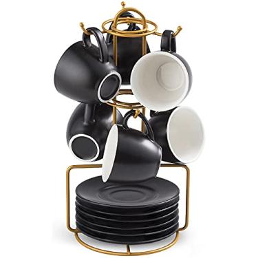 Imagem de Conjunto de 3 xícaras de café de porcelana com pires, xícaras de café de porcelana e suporte de metal para expresso, latte, café mocha, cappuccino e chá, conjunto de 6, preto