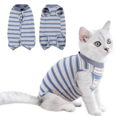Imagem de Queenmore Terno de recuperação de gatos, terno para gatos após cirurgia, body listrado pós-cirurgia em destaque, traje de recuperação de cirurgia para gatos alternativo de cone de vergonha para gatos