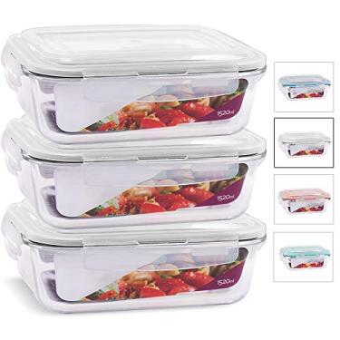 Imagem de KIT 3 Potes de Vidro Retangular com Tampa Hermética 1520ml Cor:Branco (QH)