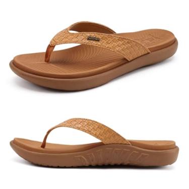 Imagem de KuaiLu Chinelo feminino feminino tapete de ioga confortável caminhada sandália tanga com fascite plantar suporte de arco slip on interior exterior para o verão, Caqui, 34