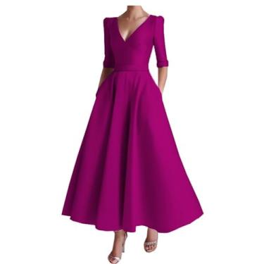 Imagem de Vestido longo de cetim evasê para mãe da noiva com mangas decote em V plus size para mãe do noivo vestido formal para convidada de casamento, Ameixa, 46