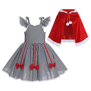 Imagem de Vestido de Natal para crianças, mulheres, meninas, vestidos guingão + capa de veludo, fantasia de fantasia de Papai Noel, Preto branco sem alças, 5-6 Years