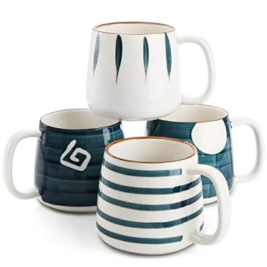Imagem de DEAYOU Conjunto de 4 canecas de café de porcelana, xícaras de café de cerâmica de 500 ml com alças, grandes xícaras de chá pintadas à mão para cappucino, leite, latte, cacau, bebidas quentes ou frias