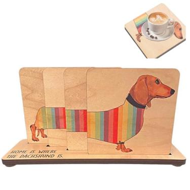 Imagem de Conjunto de porta-copos de dachshund de madeira, decoração de mesa com tema animal feito à mão, conjunto de 4, com base, mobiliário doméstico, artesanato, 19 x 9,9 cm, 200 g, para café, loja de