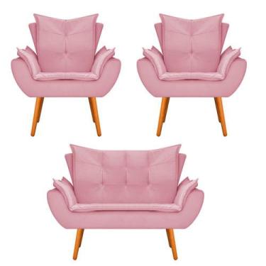Imagem de Kit Namoradeira e 02 Poltronas Fenzzi Palito Mel Suede Rosa Bebê - DAM