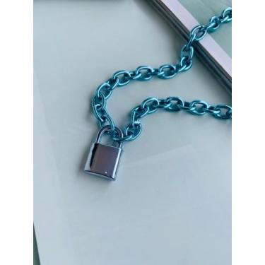Imagem de Colares colorido banhado azul e rosa com cadeado candy color - Dondoca