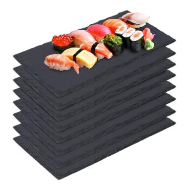 Imagem de IHDYPPEW Tábuas de queijo de ardósia, pacote com 8, 21 x 6 pratos de ardósia, tábuas de charcutaria preta - Bandeja de servir de pedra natural com giz de pedra-sabão para festas, presentes e eventos
