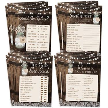 Imagem de Bridal Shower Bachelorette Games, Rustic Wood Barrel Mason Jar, He Said She Said, Find The Guest Quest, Would She Rather, Phone Game, 25 jogos cada