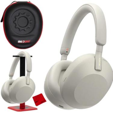 Imagem de Sony WH1000XM5/S Fones de ouvido sem fio com cancelamento de ruído (prata) com capa rígida Deco Gear + suporte de fone de ouvido de áudio profissional + pano de limpeza de microfibra