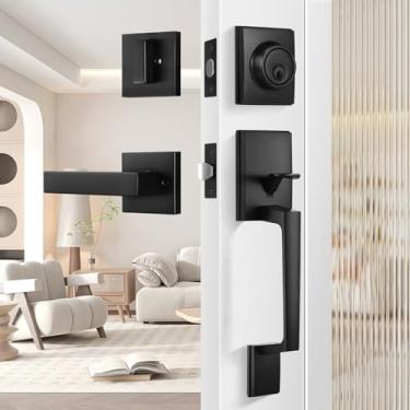 Imagem de Leydebong Maçaneta de porta frontal preta, maçaneta externa preta fosca com alavanca de porta, conjunto de maçaneta e fechadura da frente, reversível para conjunto de maçaneta de fechadura para