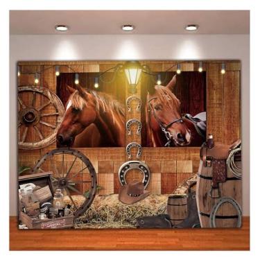Imagem de Yongqian Banner de fundo de foto de cowboy ocidental rústico cavalo de madeira fundo fotográfico infantil festa de aniversário bolo decoração de mesa suprimentos 1,8 x 1,2 m