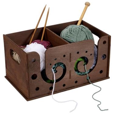 Imagem de FINGERINSPIRE Caixa de fio de madeira 30 x 18 x 15 cm cor camelo MDF tigela de fio de madeira design multifuncional caixa de armazenamento de ferramentas de tricô organizador de tricô caixa de fio de