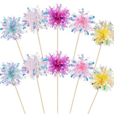Imagem de MEMOVAN Firework Cupcake Topper 10pcs Sparkle Tinsel Cake Toppers Foil Frill Toothpicks Drink Stirrer Cake Cupcake Decoration Cocktail Picks for Birthday Wedding Graduation Party Supplies