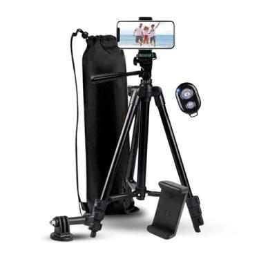 Imagem de Tripé Profissional de Alumínio Para Celular e Câmera com Controle de Disparador Bluetooth - Altura Ajustável de 36cm a 110cm Com Bolsa e Suporte Para Celular, Com Termo de Garantia, Kit Completo